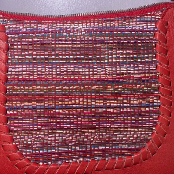 SAS Red Leather & Woven Accent Shoulder Bag Zipper Closure Boho Indie Festival - Picture 2 of 8